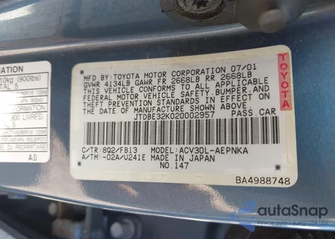 2002 Toyota Camry Le из США, поврежденный, VIN JTDBE32K020002957